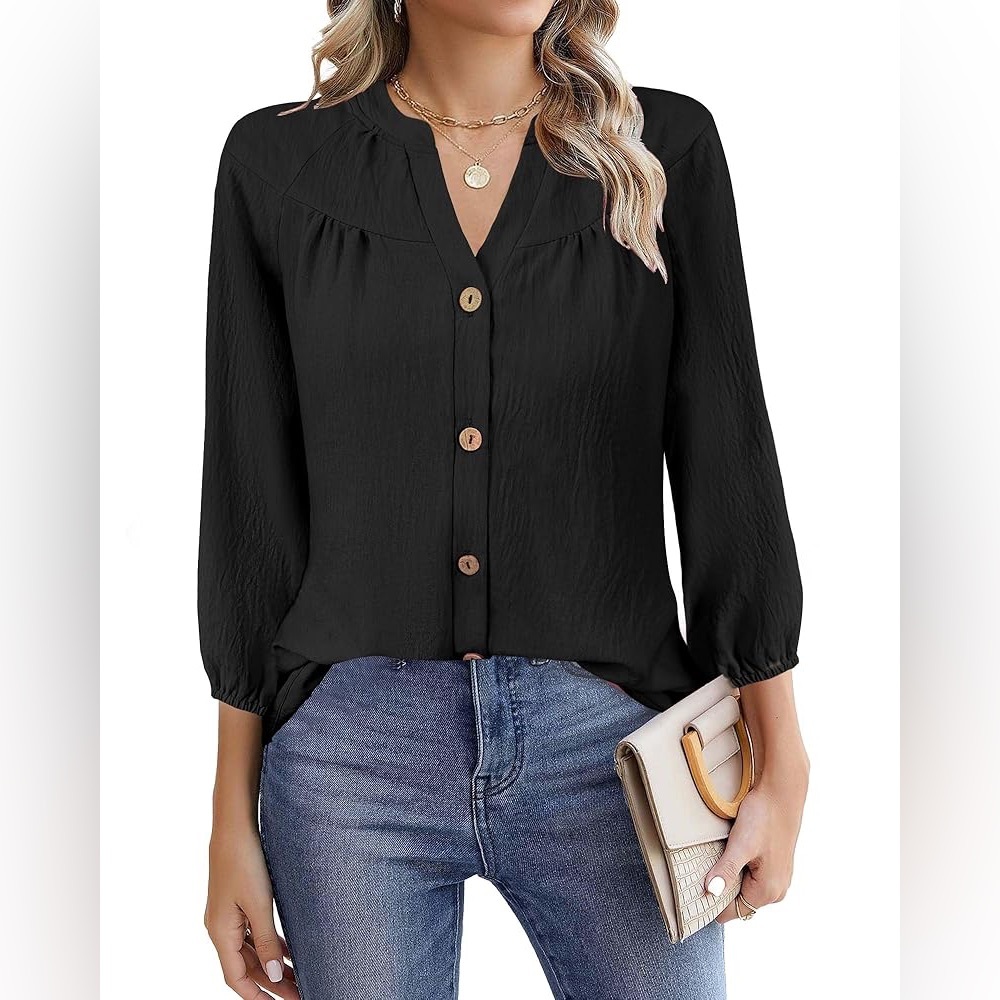 NWOT MixShe Dressy Casual Quarter Length Sleeve Pleated Button Down Blouse